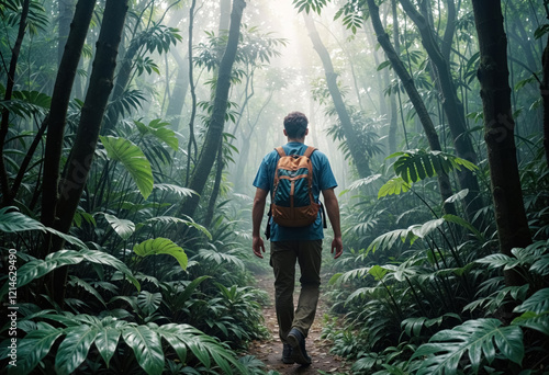 Backpacker in the rain forest	