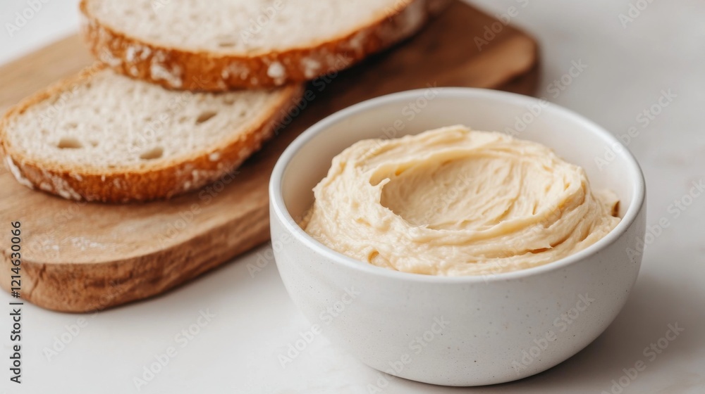 Creamy butter in bowl with sliced bread. Creamy butter in bowl with sliced bread.
