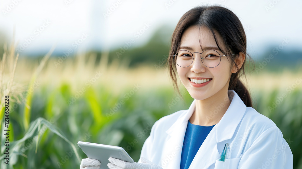 Japanese woman farmer agronomist using digital tablet for examining corn Japanese woman farmer agronomist using digital tablet for examining corn