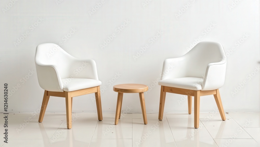 Elegant trio of furniture—a pair of pristine white chairs with one featuring a wooden seat—poised before a stark white backdrop, accompanied by a small round wooden stool Elegant trio of furniture—a pair of pristine white chairs with one featuring a wooden seat—poised before a stark white backdrop, accompanied by a small round wooden stool