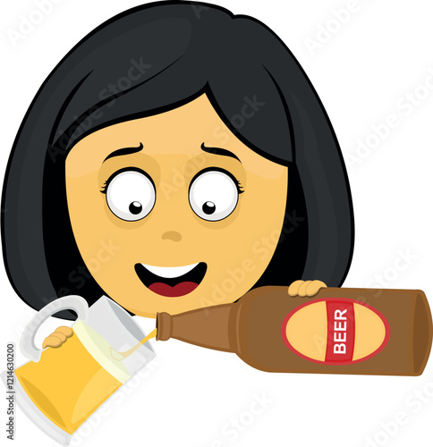 vector illustration yellow emoji face character woman cartoon, with a bottle of beer pouring into a glass