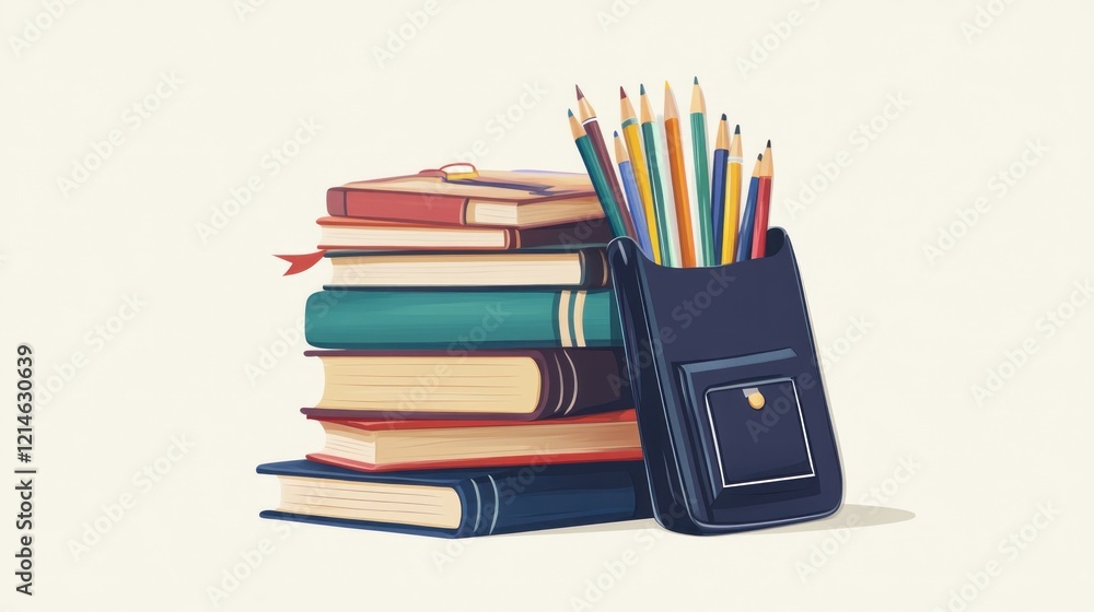 Fototapeta premium Stacked books and pencils; education supplies; learning; off-white background; back to school