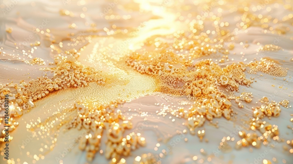 Abstract representation of shimmering golden liquid flowing through a textured surface Abstract representation of shimmering golden liquid flowing through a textured surface