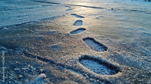 A close-up of a frosty, ice-covered sidewalk with footprints from passersby