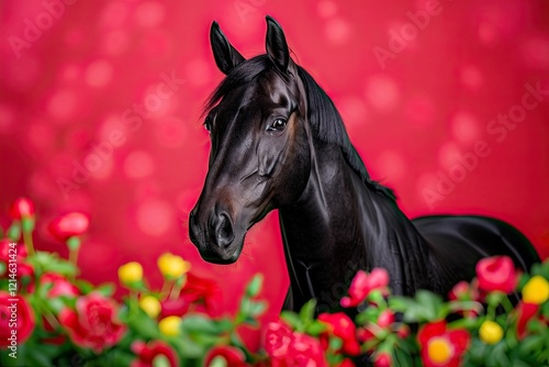 Majestic Full-Length Portrayal of a Powerful Horse in a Vibrant Setting With Blooming Roses Under Bright Lighting photo