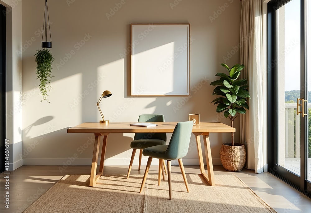 Modern Coastal Home Study, Light Oak Desk, White Landscape Frame, Large Windows, Sheer Curtains, Minimalist, Brass Accents, Beige Rug, Pothos, Morning Light.
Modern Coastal Home Study, Light Oak Desk, White Landscape Frame, Large Windows, Sheer Curtains, Minimalist, Brass Accents, Beige Rug, Pothos, Morning Light.