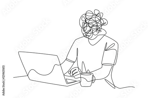 Simple Continuous line drawing of the person in front of the laptop is tired. critical thinking concept.