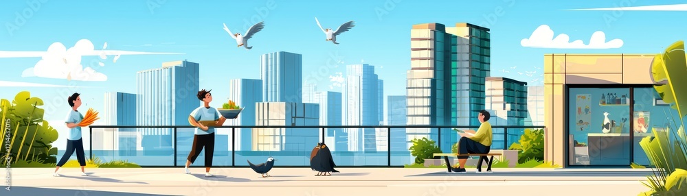 Urban park activity featuring people and birds cityscape illustration bright day community engagement