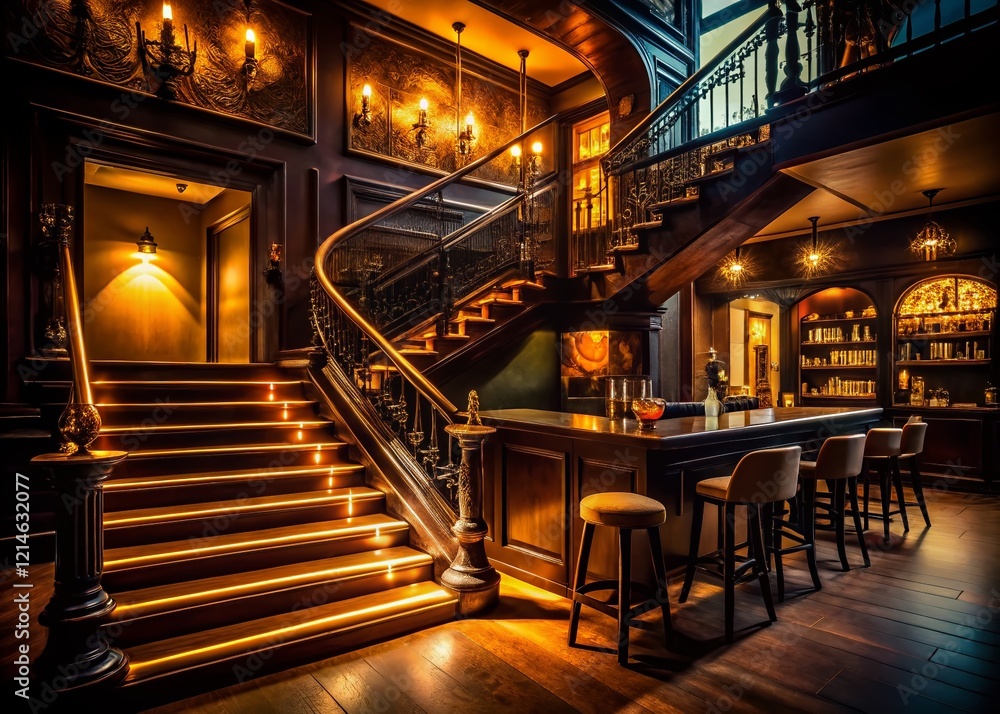 Obraz premium Silhouette of Bar with Staircase - Dark, Moody, Elegant Design Stock Photo