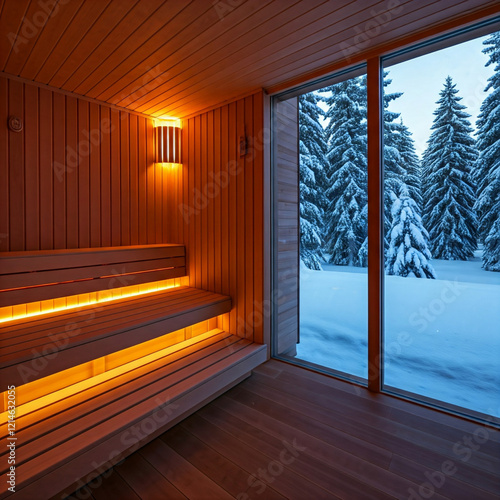 Sauna mit Aussicht in winterliche Landschaft photo