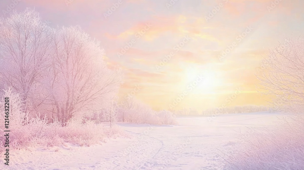 Tranquil January Sunrise over Snowy Farmland - Cinematic Rural Landscape Tranquil January Sunrise over Snowy Farmland - Cinematic Rural Landscape