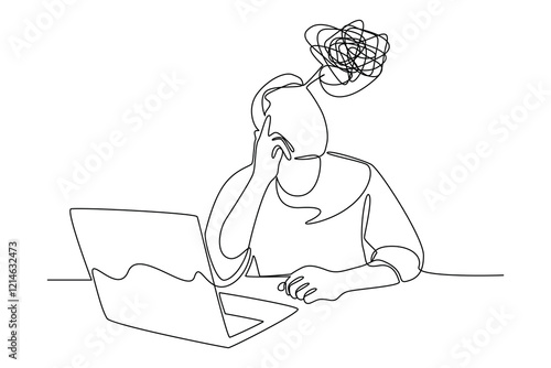 Simple Continuous line drawing of critical thinking of employees in front of the laptop. Scribble illustration concept. critical thinking concept.