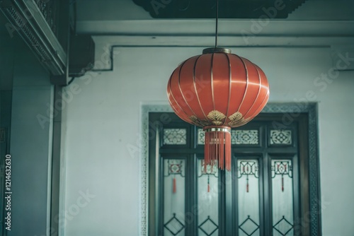 Red Chinese Lantern Hanging in Traditional House