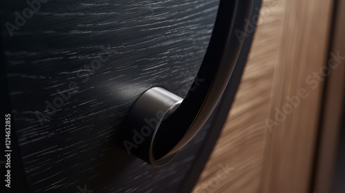 modern door handle with a matte black finish, mounted on a polished wooden door