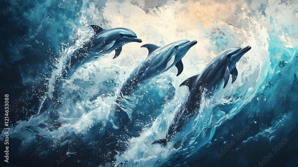 Fototapeta premium A dynamic trio of dolphins leaping through vibrant ocean waves with a stunning backdrop.