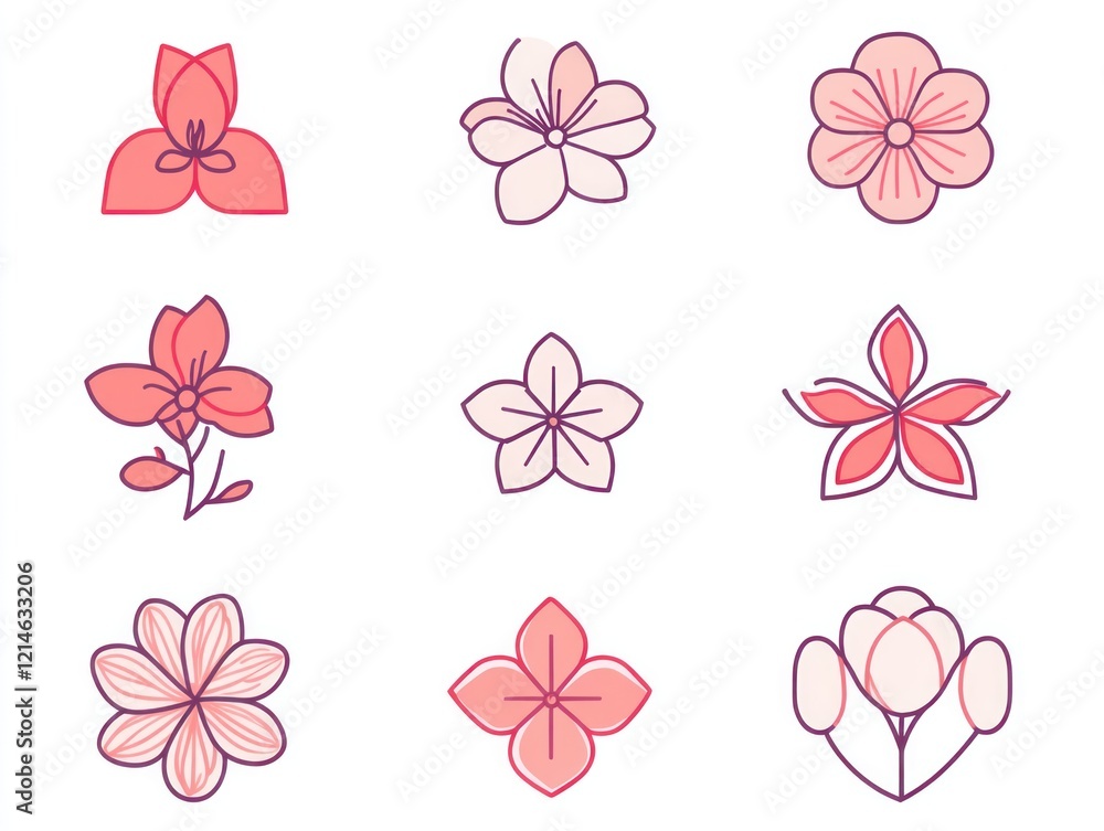 Pink floral icons, design elements, website, spring background Pink floral icons, design elements, website, spring background