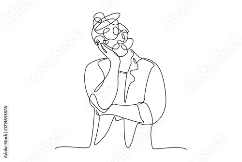 Simple Continuous line drawing of scribble continues line tired people. critical thinking concept.