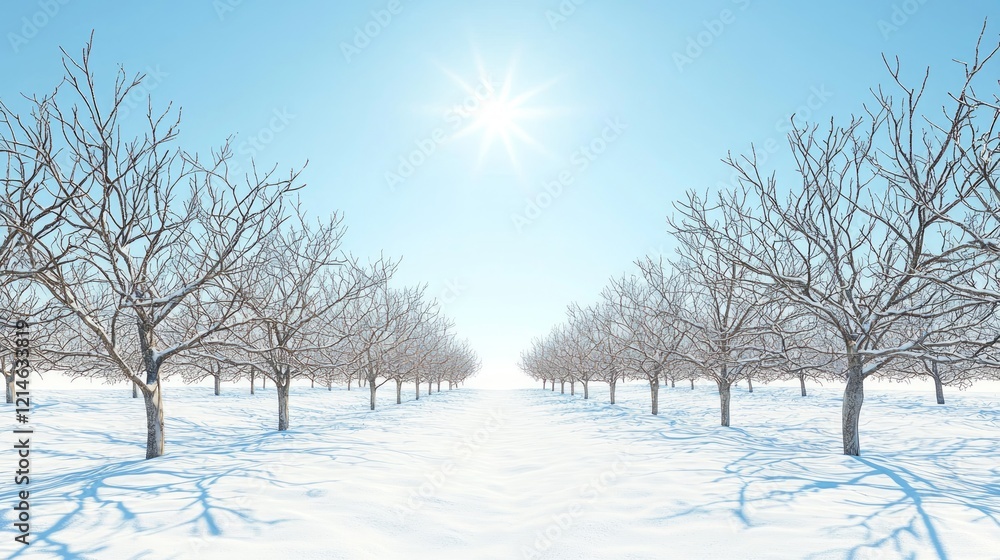 Winter Wonderland: Sunlit Scenic Orchard with Delicate Snow Cover Cinematic Image Winter Wonderland: Sunlit Scenic Orchard with Delicate Snow Cover Cinematic Image