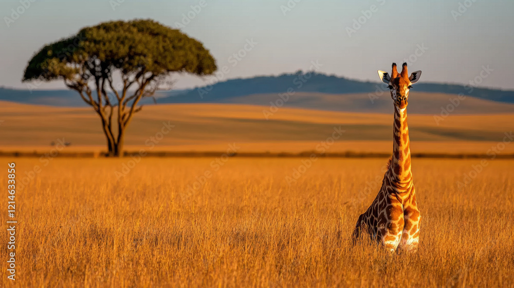 Fototapeta premium Giraffe standing in a golden grassland with a single tree under a clear sky.