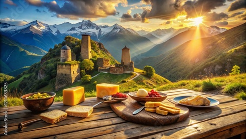 Ancient Castle Watchtower in the Caucasus Mountains, Northern Ossetia, Russia - Majestic Food Photography photo