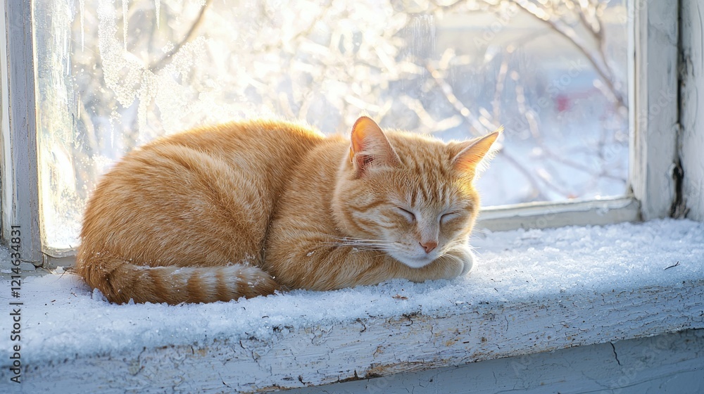 Fototapeta premium Cozy Barn Cat Basking in Midday Glow on Frosty Windowsill - Cinematic Rural Scene | Ultra-Detailed Image of Farm Life in January