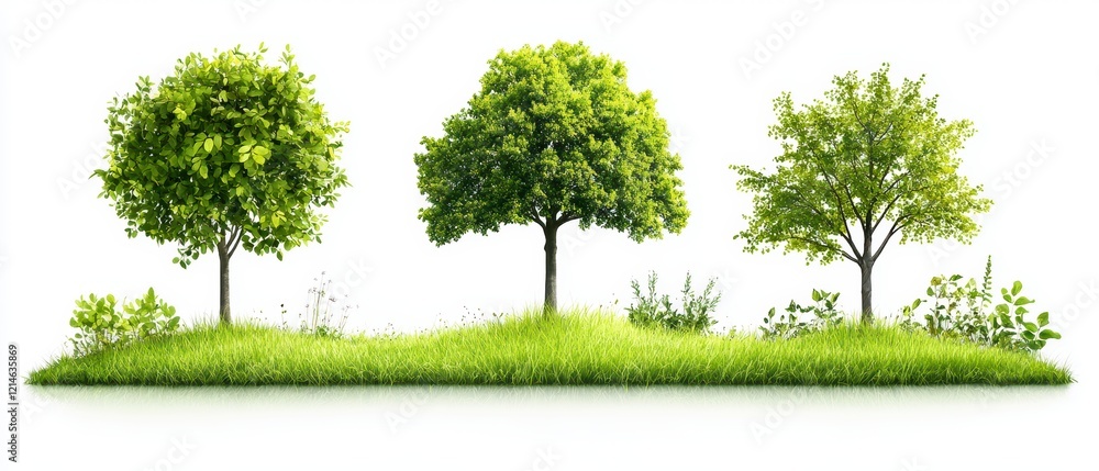 Obraz premium Three Lush Green Trees on Grassy Hill Isolated on White Background