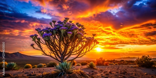 Silhouette of Halogeton glomeratus against a setting sun, desert landscape photo