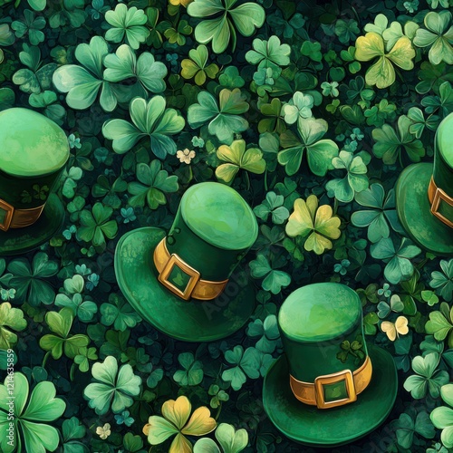 Green top hats adorn a lush backdrop of clovers, embodying the spirit of St. Patrick Day.