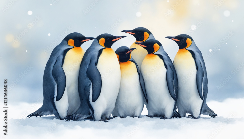 Obraz premium Emperor penguins standing together in a circle, showing camaraderie against a snowy background