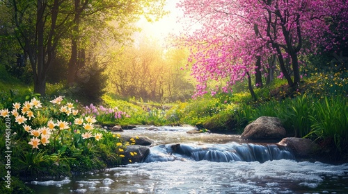 Fototapeta Naklejka Na Ścianę i Meble -  A vibrant spring nature scene with a flowing stream, flowers blooming, and birds singing in the trees