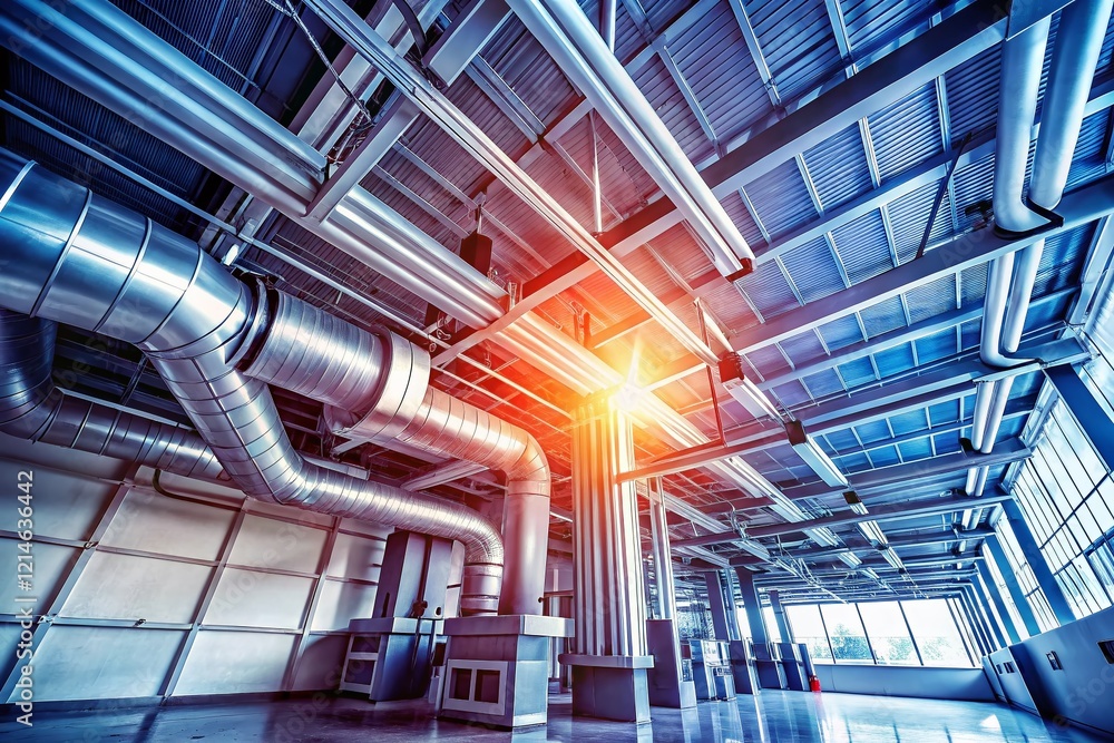 Obraz premium Silhouette of HVAC System Pipes and Air Ducts Against White Ceiling