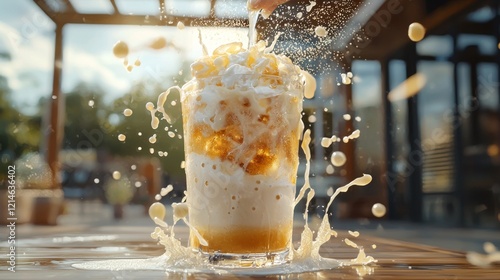 Photorealistic soda float stirred with milk on modern patio photo