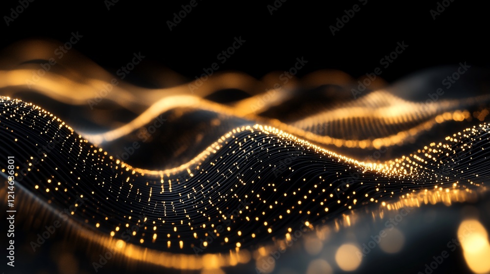 Abstract background with golden dots and wavy lines forming a digital terrain Abstract background with golden dots and wavy lines forming a digital terrain