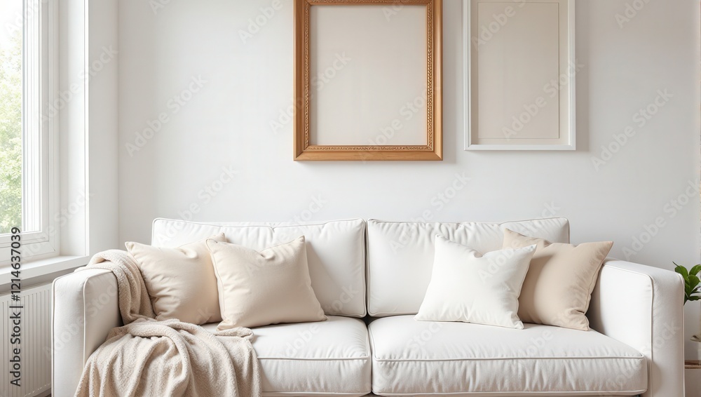 Elegant white couch with four plush pillows against a pristine backdrop. A soft beige blanket gracefully drapes over its back, inviting cozy comfort indoors Elegant white couch with four plush pillows against a pristine backdrop. A soft beige blanket gracefully drapes over its back, inviting cozy comfort indoors