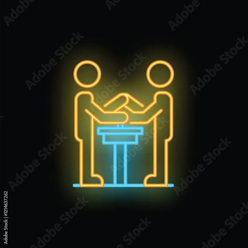 Neon sign illustrating two businessmen shaking hands above a negotiation table on a black background