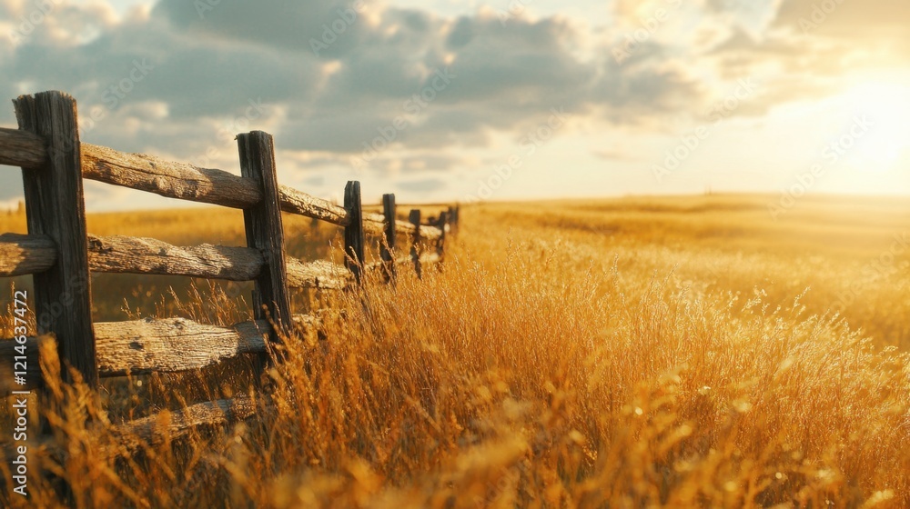 Fototapeta premium Serene Landscape with Wooden Fence Under Bright Golden Sky