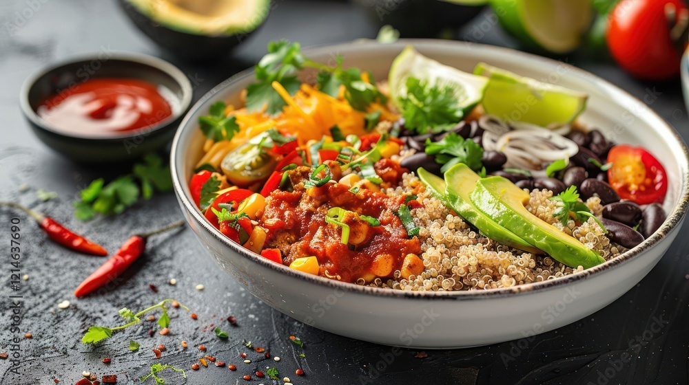 Colorful and nutritious quinoa bowl topped with fresh vegetables, herbs, and salsa on a dark surface Colorful and nutritious quinoa bowl topped with fresh vegetables, herbs, and salsa on a dark surface