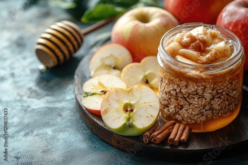 A jar of apple butter sits on top of a wooden cutting board, ready for use in baking or cooking photo