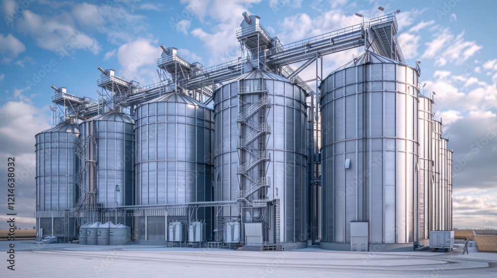 Large metallic silos against a cloudy sky, showcasing agricultural storage facilities in operation Large metallic silos against a cloudy sky, showcasing agricultural storage facilities in operation
