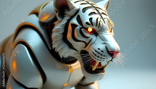 Detailed 3D model of a robotic white tiger with gold accents and glowing eyes, octane render photo