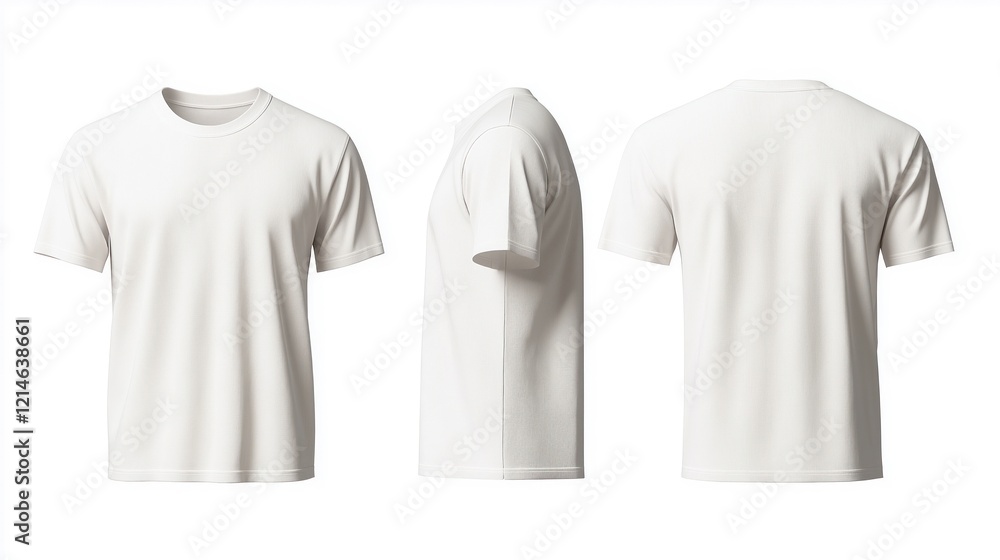 Naklejka premium Realistic 3D mockup of blank white men t-shirt. Front view, side view, back view shown. Isolated on transparent background. Ideal for apparel design templates fashion marketing materials. Versatile