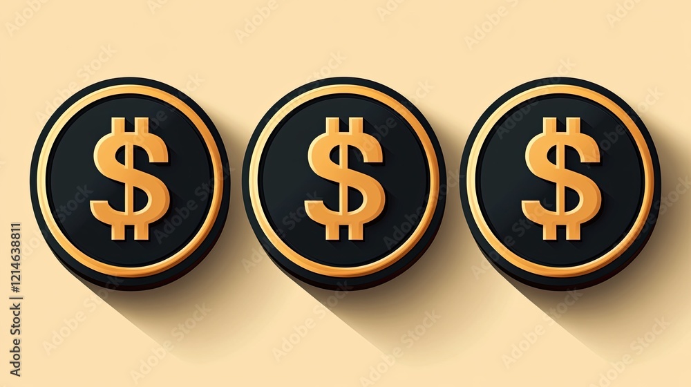 Gold dollar coins, digital design, beige background, finance concept Gold dollar coins, digital design, beige background, finance concept