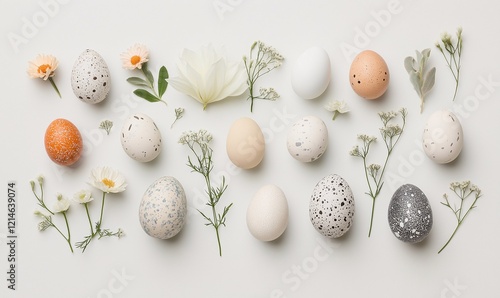 Festive easter light coloured background. Happy easter concept, eggs, flowers, herbs