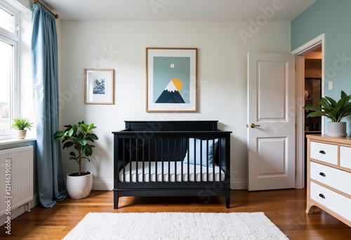 Stylish Baby Boys Bedroom, Black Cot, Soft Blue & Sage Green Accents, White Walls, Oak Floors, Striped Details, White Rug, Wooden Drawers, Modern Nursery.

