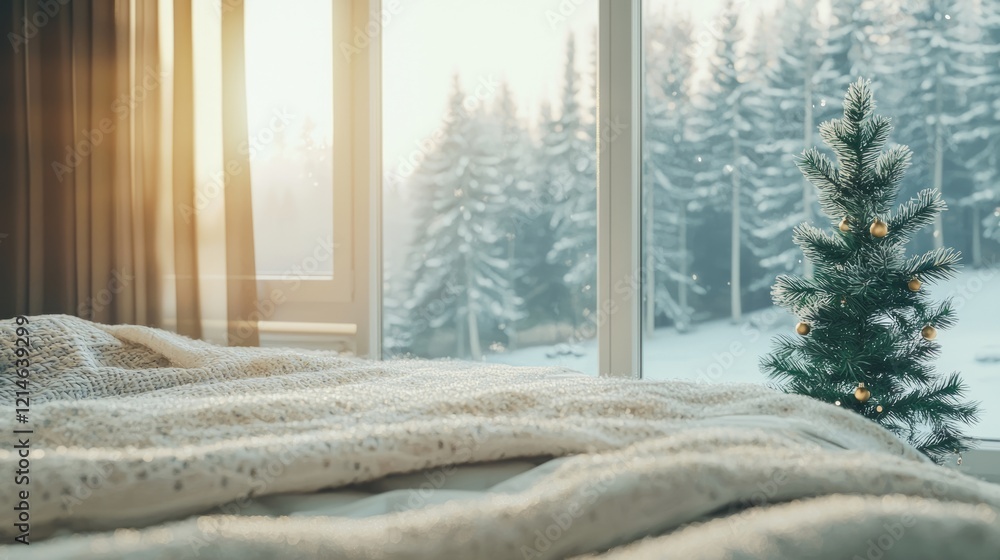 Fototapeta premium Serene Winter Morning: Cozy Bed by Window with January Decor and Tiny Frosty Pine Tree- Ultra-Detailed Cinematic Image
