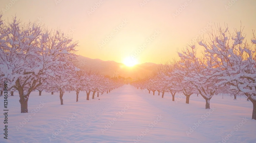 Winter Sunrise in a Snowy Orchard - Serene January Landscape with Cinematic Beauty and Ultra-Detailed View Winter Sunrise in a Snowy Orchard - Serene January Landscape with Cinematic Beauty and Ultra-Detailed View
