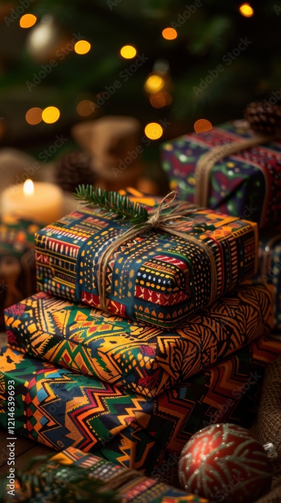Several wrapped presents are stacked on a table with candles, vertical background