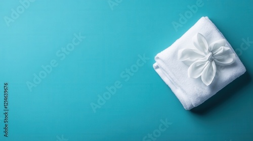 Elegant White Towel with Decorative Flower on Calm Aqua Background for Spa and Wellness Settings