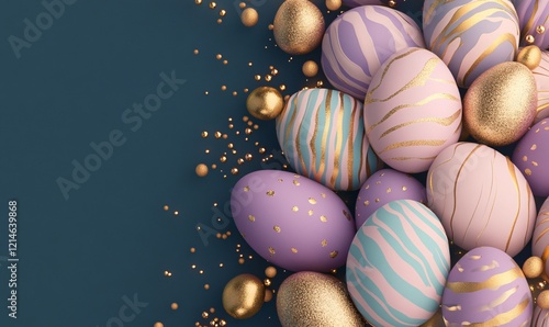 festive easter eggs with bright bibrant colours, golden dust and sparkles, colour waves. Top view.