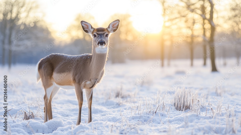 Tranquil Winter Scene: Deer in Snowy Orchard with Sunlight Through Leafless Branches | Calm Cinematic Landscape Photography